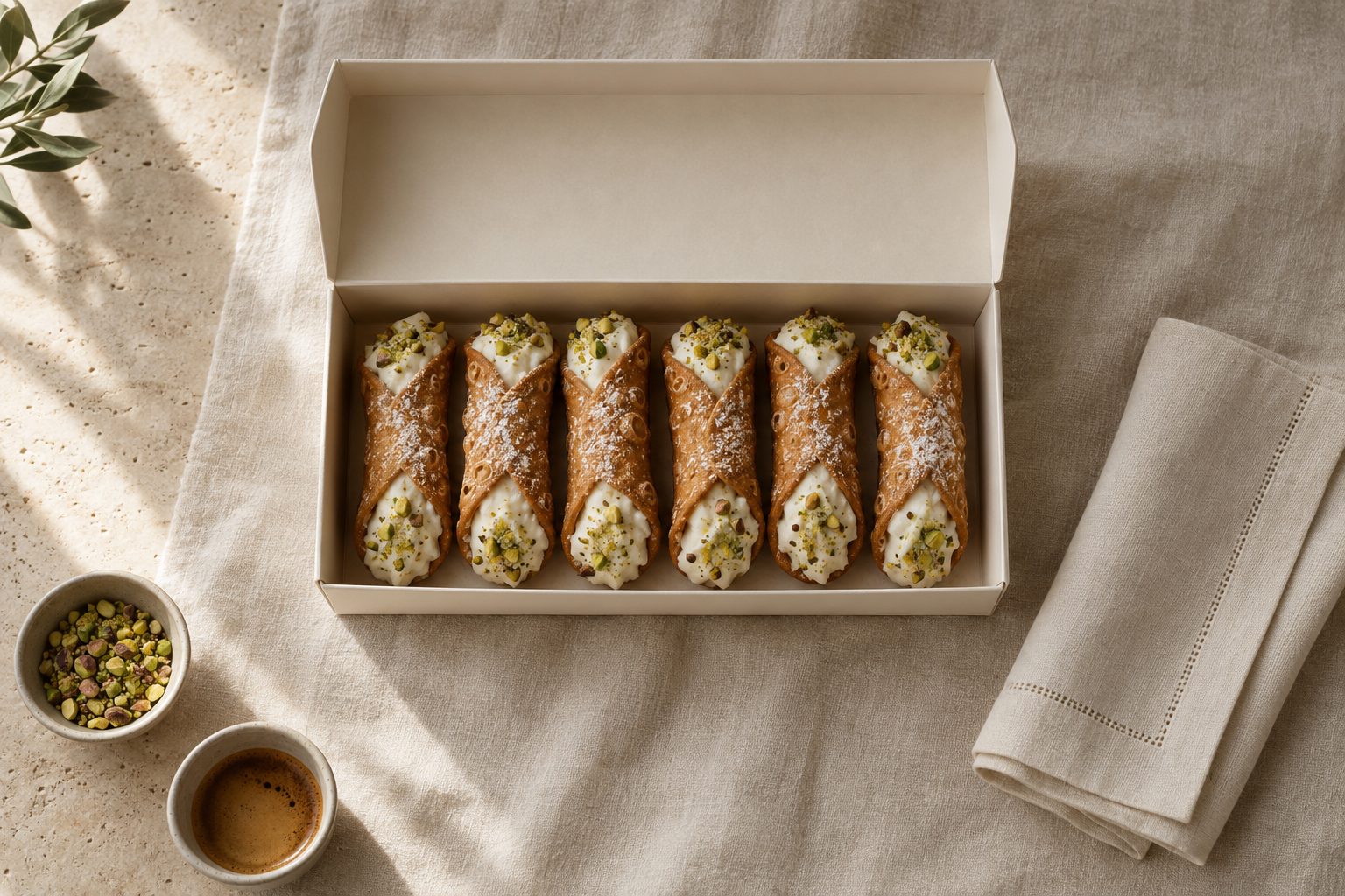 Six cannoli in a plain ivory box on linen (illustrative mockup)