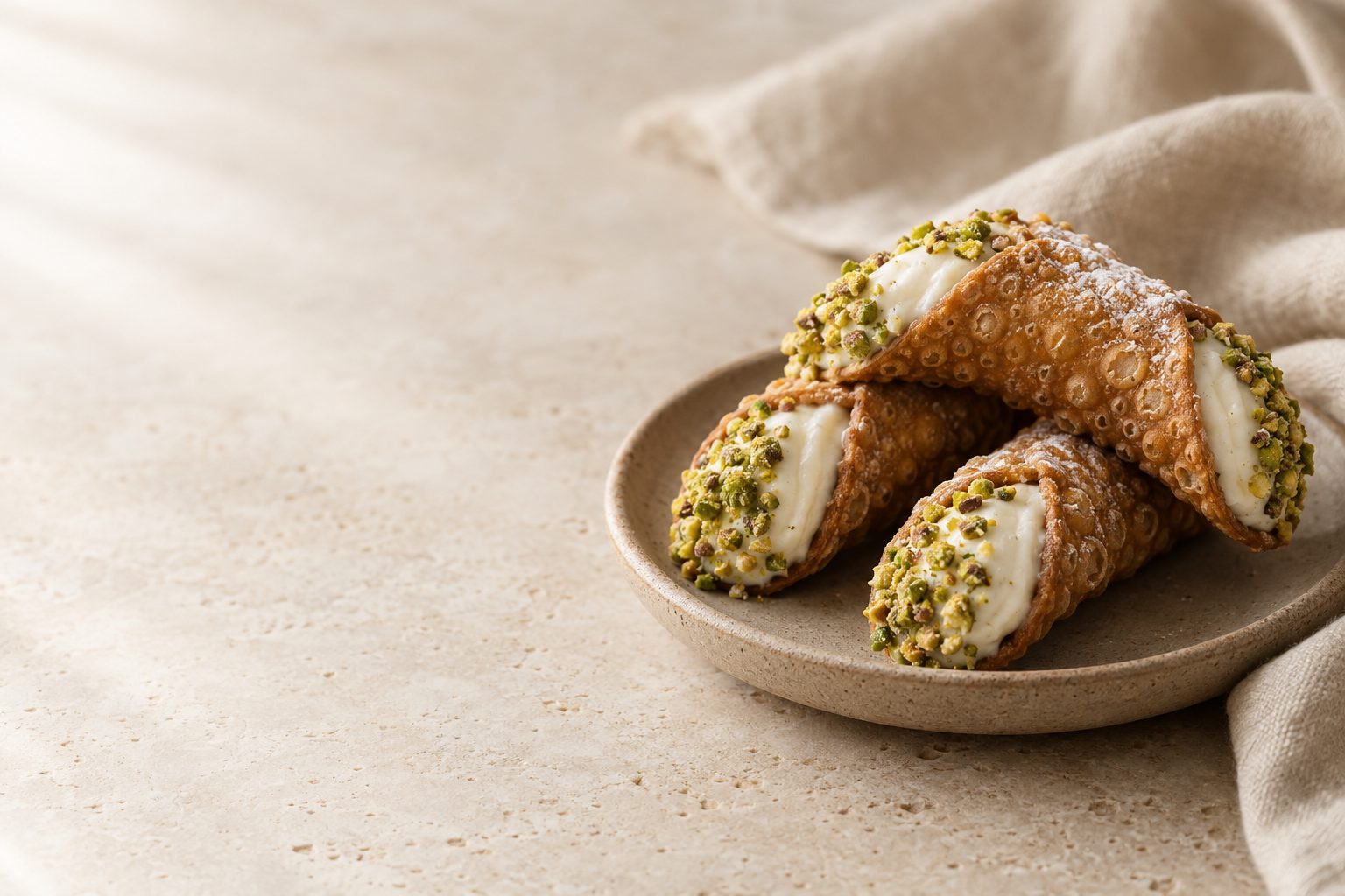 Three cannoli with crisp shells, ricotta filling and chopped pistachio on a ceramic plate (illustrative mockup)